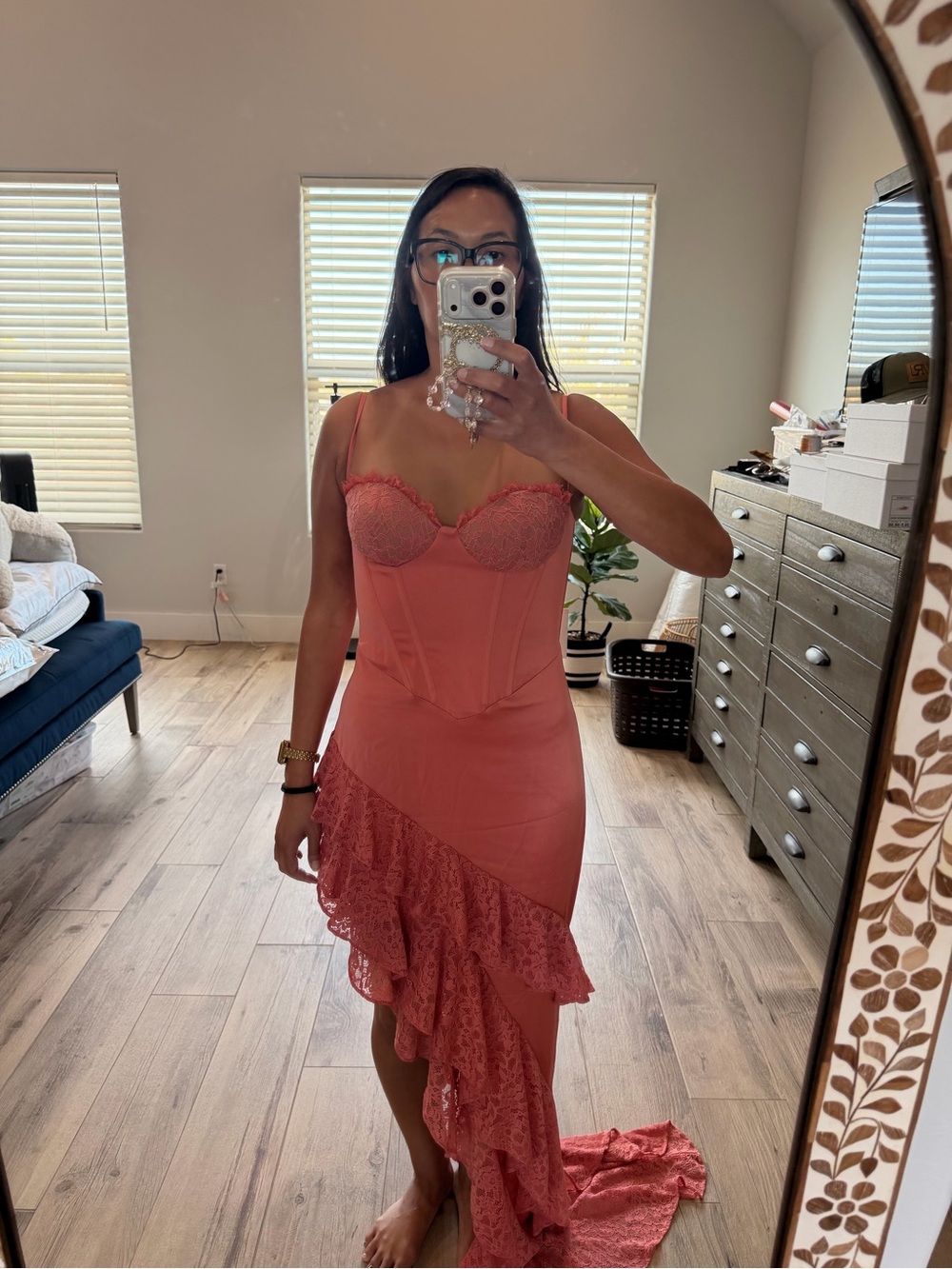 Coral High-Low Lace Ruffle Dress